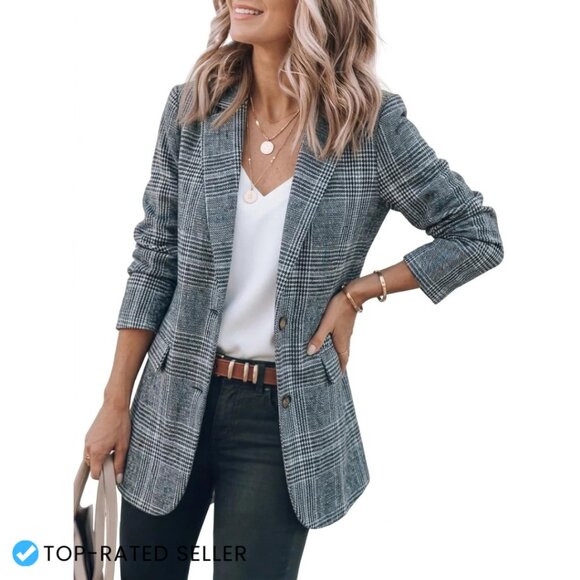 Tweed Blazer Classic Houndstooth Plaid Business Casual Oversized Work Jacket